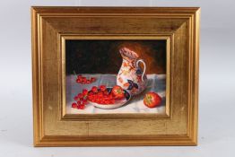 MEIMIE GERRERD, CONTEMPORARY. Still life of a jug and fruit in a bowl. Oil on board, signed. 5.