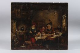 VICTORIAN PRIMITIVE. Interior, an old lady and children. Oil on canvas. Unframed. 15ins x 18ins.