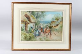 A. HASSLCRANE. Rural village scene with a figure on horseback, conversing with a woman by a thatched