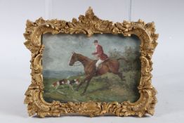 C. HARRISON. Huntsmen on horseback, hounds by his side. Oil on board, in a decorative gilt frame.