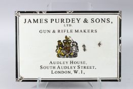 JAMES PURDEY & SONS ENAMEL SIGN. 10ins x 15ins.