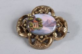 A VICTORIAN 9CT GOLD AND SWISS ENAMEL BROOCH. Gold 25grms.