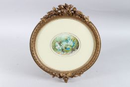 STILL LIFE OF BIRD'S NEST AND FLOWERS. Oil, possibly on ceramic, signed, in a decorative gilt