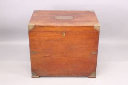 A 19TH CENTURY TEAK AND BRASS BOUND SILVER CHEST, the hinged top inlaid with a brass plaque 