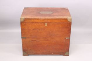 A 19TH CENTURY TEAK AND BRASS BOUND SILVER CHEST, the hinged top inlaid with a brass plaque "No. 3