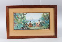 TAHITIAN BEAUTIES, female figures on a shore with a sailing ship at sea. Watercolour, signed. 5ins x