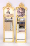PAIR OF LOUIS XVITH STYLE GILTWOOD SLIM MIRRORS WITH PORTRAITS. 5ft 9ins high x 1ft 6ins wide.