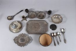 A TRAY OF VARIOUS SILVER DISHES, BOWLS, SPOONS etc.