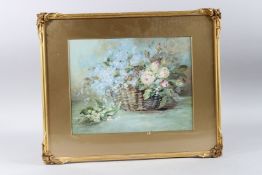 STILL LIFE of flowers in a basket. Watercolour, in a decorative gilt frame. 9.5ins x 12.5ins.