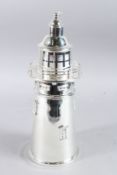 A GOOD LARGE PLATED TAPERING LIGHTHOUSE COCKTAIL SHAKER. 13ins high.