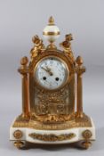 A VERY GOOD LOUIS XVITH ORMOLU AND WHITE MARBLE CLOCK with cupid figures, column supports and