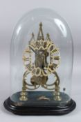 A 19TH CENTURY BRASS SKELETON CLOCK with fusee movement, on a wooden base, with pendulum and glass