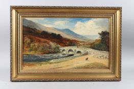 JOHN MacWHIRTER (SCOTTISH 1839-1911). Scottish highland landscape with a figure on a stone bridge.