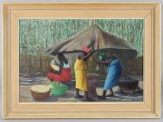 A.SOUMAH (20TH CENTURY) African village scene of women preparing food, oil on canvas, signed, 39cm X