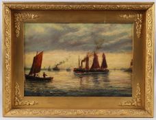 19TH CENTURY MARITIME SCHOOL scene of shipping off a coastline, oil on board. 26.5cm x 39cm