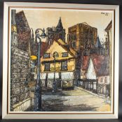 ROBERT HILL (1932-1990) Town square, oil on board, signed and dated 1969, 121cm x 121cm