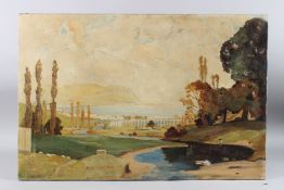 WINNIE DAVIES (c.1880-1920) Landscape with river winding to a coastline, oil on canvas, signed,