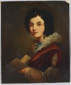 ENGLISH SCHOOL (19TH CENTURY) Bust length portrait of a lady holding a book, oil on relined