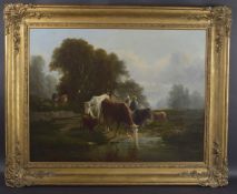 EARLY 19TH CENTURY SCHOOL Cattle watering oil on canvas, 75cm x 99cm