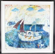 SIMEON STAFFORD (b.1956) Scene of a fishing boat in a harbour, oil on canvas, 98cm x 98cm