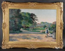 SUZANNE DAYNES-GRASSOT (1884-1976) Ladies picking flowers on a garden path, oil on canvas, signed