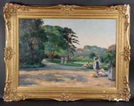 SUZANNE DAYNES-GRASSOT (1884-1976) Ladies picking flowers on a garden path, oil on canvas, signed