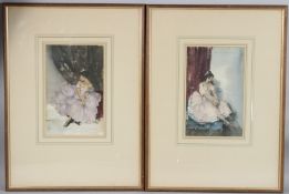 AFTER SIR WILLIAM RUSSELL FLINT 'The Pink Frock' and 'The Mauve Frock' pair of coloured prints,