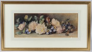CONSTANCE LAWSON (1881-1905) Still life of roses and pansies on a ledge, watercolour, signed 15.