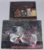 GEORGE WEISSBORT (1928 - 2013) Two still lifes, jug and grapes on a tea cloth, 33cm x 46cm and