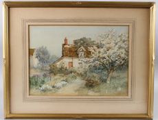 FREDERICK KNOWLES (1874-1931) Cottage path with blossoming tree, watercolour, signed, 25.5cm x 36cm