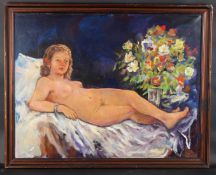 LATE 20TH CENTURY SCHOOL Reclining nude with flowers in style of Manet's Olympia. oil on canvas,