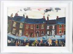 SIMEON STAFFORD (b.1956) Scene of a street full of people and terrace houses, oil on canvas, signed,