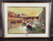 LORIS CENTELLI (b1934 ITALY) 'Ponte Vecchio - Le Lavandaie' oil on board, label verso and artists