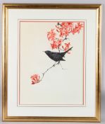 DAVID ORD KERR (b.1951) Blackbird perched on a branch of pink blossom, watercolour, indistinctly