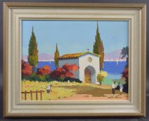 CECIL ROCHFORT D'OYLY JOHN (1906-1993) Mediterranean view with chapel and bay beyond, oil on