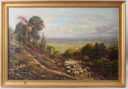 GEORGE WILLIAM MOTE (1832-1909) Landscape with shepherd and flock of sheep, oil on canvas, signed,