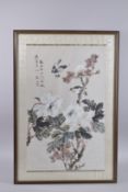 SHAO YOUXUAN (1918-2009): Birds and flora, ink and watercolour painting on paper laid on silk,