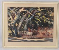GIDEON DEVAPRIAM THYAGA RAJ (B1930 INDIA) Ox carts on a tree lined road, watercolour, signed, 47cm x