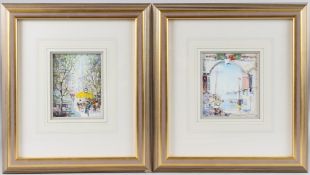 AGUILAR (20TH CENTURY) Cafe scene and a view of the coast, two watercolour and oil on cards,