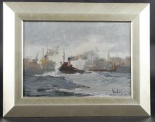 VIC ELLIS (1921-1984) 'Tug in a Hurry' oil on canvas, signed, artists inscribed label verso, 24cm