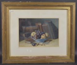 19TH CENTURY SCHOOL Still life with books and a bowl of fruit, watercolour, 24cm x 33.5cm