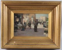 J LAWVRENCE (19TH CENTURY) Busy street scene with outside cafe and sunlit buildings, oil on