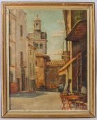 AFTER JOHN MARTIN 'Alcúdia Mallorca' Bell tower with people seated at a cafe, colour print, 49cm x