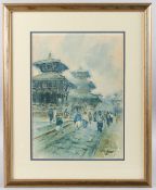 CIRCLE OF KIM SENG ONG Busy street in Katmandhu, inscribed Nepal watercolour, indistinctly signed