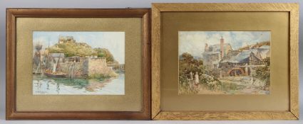 GEORGE HODGSON (1847-1921) Boats moored at a harbour wall and another picture of a watermill. two