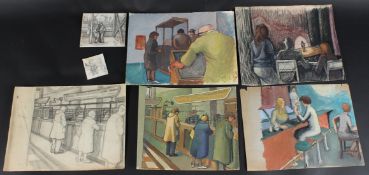 CIRCLE OF ROGER HAMPSON Collection of sketches of social life, including figures in a chip shop