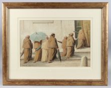 JOSEPH KNIGHT RA (1837-1908) Monks leading into a church, watercolour, signed and dated 1873, 26cm x