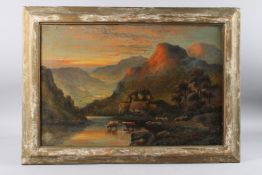 WILLIAM LANGLEY (fl.1880-1920) Sun setting on mountains with cattle watering, oil on canvas, signed,