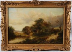 JOSEPH THORS (1835-1920) View of country cottages with figures on a path. oil on canvas, signed,