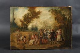 A MEREGAUX (19TH CENTURY) Scene of revellers in a cornfield in the style of Fragonard, oil on